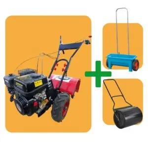 Set aus Bodenfräse, Streuwagen und Rasenwalze für Garten- und Rasenarbeiten