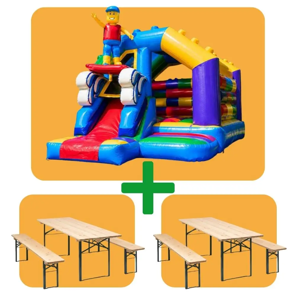 Party-Set mit Hüpfburg und zwei Bierzeltgarnituren für Kindergeburtstage und Feiern